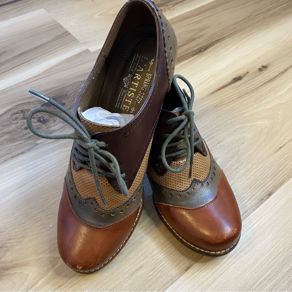 L’ARTISTE Bardot Brown Leather Shoes Oxford Heel Size 7.5 - Picture 2 of 9